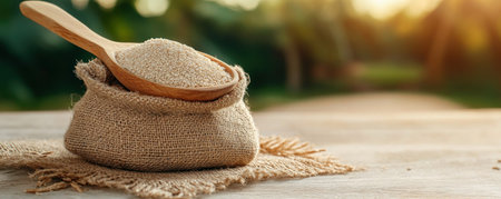 Embrace natural wellness with wholesome, unrefined grains scooped from a burlap sack Symbolizing fiber-rich vitality, these grains are perfect for healthy recipes, breakfast cereals, and baking Discover the essence of organic food and balanced diet, adding unrefined goodness to your dietary choices and promoting a healthy lifestyle AI Generativeの素材