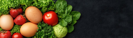 Indulge in the vibrant beauty of a farm-fresh organic meal Pasture-raised eggs, crisp greens, and sweet fruits create a visually delightful scene that celebrates healthy eating This image embodies farm-to-table freshness, showcasing nutritional balance and wholesome goodness Its appealing composition, natural textures, and vibrant colors are perfect for healthy recipes AI Generativeの素材