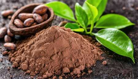 A captivating image showcasing the natural beauty of chocolate's origins Cocoa pods, beans, and cacao powder rest alongside fresh green leaves on a pristine white background Perfect for articles on healthy eating, organic food, or chocolate's history, this vibrant image highlights the rich colors and textures of cacao Enhance your AI Generativeの素材