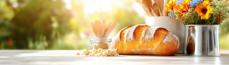 Bask in the inviting warmth of a rustic kitchen, where a golden-crusted, multi-grain loaf steals the show Sunlight illuminates its artisanal texture, promising pure comfort and culinary delight Imagine the simple pleasures of savoring this freshly baked bread - a perfect accompaniment to breakfast, lunch, or a cozy evening Experience AI Generativeの素材