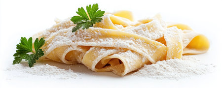 Capture the essence of Italy with this stunning image: fresh, flour-dusted, rolled fettuccine garnished with parsley, isolated against a bright white background Ideal for food blogs, cookbooks, or restaurant menus, this captivating shot highlights the artistry of homemade pasta Elevate your culinary content and add a touch of authentic Italian AI Generativeの素材