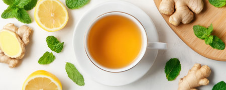 Revitalize with this organic detox tea! A refreshing blend of mint, lemon, and ginger naturally cleanses and boosts immunity Enjoy improved digestion, enhanced well-being, and a soothing, refreshed feeling with every sip Embrace a natural approach to detoxification and discover the power of herbs for optimal health AI Generativeの素材