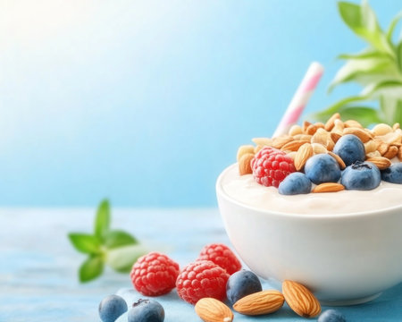 Start your day energized with a vibrant, balanced smoothie bowl! This delicious and guilt-free treat is packed with colorful berries, crunchy nuts, and nutritious seeds, creating a perfect blend of flavors and textures Fuel your body with vitamins, minerals, and antioxidants for a revitalized lifestyle A superfood powerhouse that nourishes AI Generativeの素材