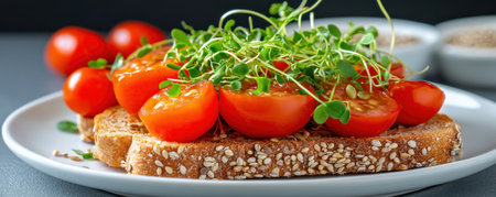 Fuel your body with this vibrant Avocado toast! Topped with juicy cherry tomatoes, fresh microgreens, and crunchy seeds on whole grain, it's a delicious embodiment of clean eating Perfect for a nutritious breakfast or light lunch, this flavorful dish delivers healthy fats, vitamins, and minerals in every bite Elevate your AI Generativeの素材