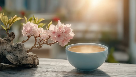 Start your day with serenity and balance Imagine a refreshing morning breeze, herbal tea in hand, sunlight on delicate blossoms This is a moment for reflection, rejuvenation, and finding inner peace Embrace mindful calm and nurture wellness through nature's beauty and a soothing beverage a perfect blend of tranquility AI Generativeの素材