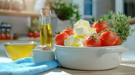 Transport your tastebuds to Greece with this baked feta recipe Imagine tangy feta melting alongside sweet roasted tomatoes, all bathed in rich olive oil and baked in a rustic clay pot This simple, flavorful dish captures the essence of Mediterranean cuisine Perfect as an appetizer or side, it's an easy, AI Generativeの素材
