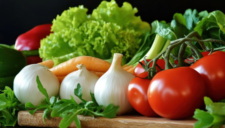 Embrace plant-based eating with this captivating image of fresh vegetables artistically arranged on rustic wood Showcasing a vibrant array of produce, it embodies healthy living and mindful nutrition Ideal for articles on vegetarian/vegan diets and the benefits of fresh produce, this photo inspires a colorful, nutritious approach to wellness and AI Generativeの素材