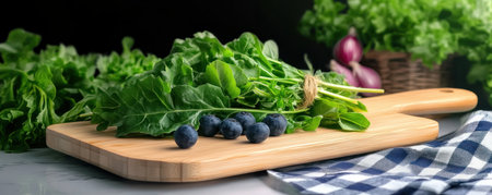 Capture the essence of healthy eating with this farm-to-table image Vibrant greens on rustic wood evoke organic produce and sustainable living Perfect for food bloggers and culinary enthusiasts, it visualizes creating delicious, wholesome meals from nature's bounty Promote a wholesome lifestyle and the joy of sustainable eating AI Generativeの素材