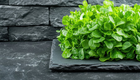 Showcase gourmet elegance with fresh, organic watercress artfully arranged on a rustic slate plate This image captures the beauty of natural ingredients, perfect for culinary professionals seeking impactful visual marketing The vibrant green against the dark slate communicates health, freshness, and high quality, enhancing your culinary vision and showcasing delightful AI Generativeの素材