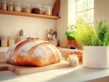 Experience the comforting charm of a rustic kitchen, where freshly baked whole wheat bread takes center stage Hearty legumes and fiber-rich sides complete the nourishing spread Imagine the inviting aroma, the warmth of the space, and the promise of lasting memories created around wholesome meals Embrace healthy eating and rustic AI Generativeの素材