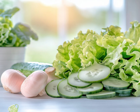 Sun-drenched vegetables like lettuce, cucumbers, and bell peppers burst with color, epitomizing organic freshness The image embodies healthy eating and sustainable living, evoking a bountiful harvest Natural light enhances the vegetables' appeal, perfect for showcasing wellness, vitality, and good health It represents a wholesome, organic lifestyle AI Generativeの素材