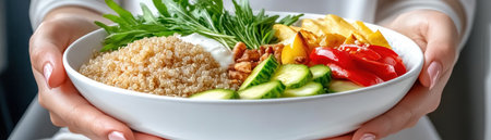 Fuel your wellness journey with this vibrant bowl! A delicious blend of organic quinoa and roasted vegetables offers a flavorful and nutritious experience Perfect for healthy eating, mindful meal planning, and achieving your wellness goals, this dish inspires culinary creativity with fresh, balanced ingredients Enjoy a quick, easy, and satisfying AI Generativeの素材