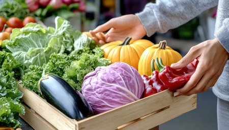 Immerse yourself in the vibrant atmosphere of a farmer's market, overflowing with nature's bounty Discover plump pumpkins, colorful cabbages, and glossy eggplants artfully displayed on rustic wooden stalls Embrace farm-to-table freshness and find culinary inspiration for healthy, sustainable recipes using locally sourced, seasonal produce Experience the charm and discover the AI Generativeの素材