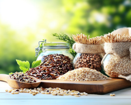 Embrace wholesome living with wild rice, buckwheat, and spelt displayed on rustic wood These nutrient-rich whole grains, perfect for balanced diets and culinary creations, offer earthy flavors and satisfying textures Discover their versatility and elevate your meals, nurturing your body and celebrating the bounty of nature Your gateway to a AI Generativeの素材