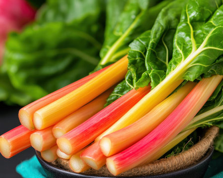 Feast your eyes on vividly colored Swiss chard, boasting brilliant red and yellow stems This high-resolution image highlights its nutritional powerhouse qualities and visual appeal, inspiring healthy eating and culinary creativity Discover the beauty and wellness benefits of incorporating this leafy green into your diet, adding a vibrant touch to AI Generativeの素材