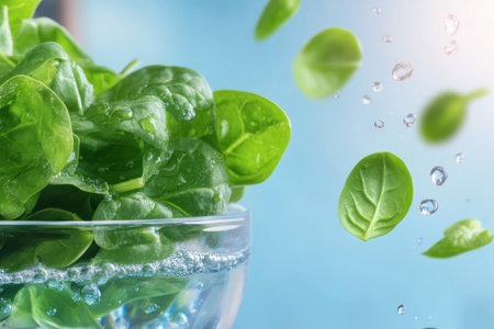 Immerse yourself in wellness with this serene image of spinach leaves in water Evoking purity and natural freshness, the vibrant greens highlight spinach's vitality and health benefits This tranquil composition, perfect for promoting healthy eating and wellness, adds a touch of nature to your projects Embrace the invigorating power of AI Generativeの素材