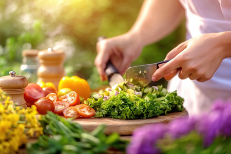 In a bright home kitchen, a young woman creates a vibrant vegetable salad Crisp cucumber, ripe tomatoes, and colorful bell peppers are expertly sliced on a rustic board This scene embodies mindful nutrition and a holistic, healthy lifestyle A zest of lemon elevates the organic produce, showcasing the art of AI Generativeの素材