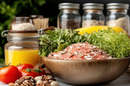 Embrace vibrant health with nature's bounty! This raw, plant-based spread showcases fresh vegetables, nuts, and sprouted grains for a delicious, nutritious meal Discover the benefits of a whole-food, plant-based diet rich in vitamins, minerals, and antioxidants Create stunning, healthy dishes that nourish your body and delight your senses with vibrant AI Generativeの素材