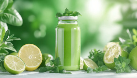 A vibrant Detox Green Juice in a glass bottle embodies clean eating and wellness Infused with herbs and citrus, the image promotes healthy living and fresh ingredients Perfect for detoxing, juicing, or recipe articles, it inspires healthy habits and a balanced approach to nutrition Experience the invigorating power of green AI Generativeの素材