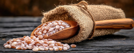 This image celebrates natural health with a rustic wooden spoon scooping whole grains from a burlap sack It evokes organic wellness and traditional remedies, showcasing the purity of unprocessed foods Symbolizing essential nutrients and vital energy, the composition promotes a healthier lifestyle through simple, natural ingredients The eco-friendly burlap and AI Generativeの素材