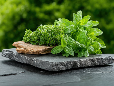 Experience culinary bliss with freshly harvested mint, oregano, and parsley artfully displayed on cool stone These vibrant, aromatic herbs are essential for creating flavorful, healthy dishes Infuse your meals with their zestful essence, adding a natural touch and elevating every bite Perfect for home cooking, these greens promise culinary delight AI Generativeの素材
