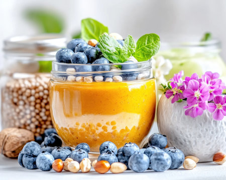 Fuel your body with vibrant, plant-based superfoods! Discover colorful grain bowls, smoothie jars, and nut butter spreads packed with whole grains, fresh produce, and wholesome ingredients Elevate your well-being with delicious, nutritious meals perfect for breakfast, lunch, and dinner Get inspired to create your own variations and nourish your body AI Generativeの素材