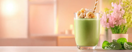 Indulge in this vibrant green smoothie, a nutritious blend of plant-based delights Non-dairy yogurt, banana, and spinach unite in a refreshing drink served with a bamboo straw Perfect for a quick, healthy breakfast, post-workout fuel, or guilt-free snack Embrace wellness with every sip of this convenient and delicious creation AI Generativeの素材