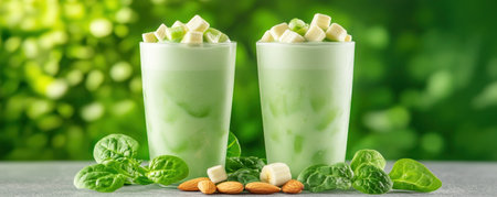 Unleash vibrant energy with our power-packed green smoothie! This delicious blend of spinach, banana, almond milk, and protein powder fuels your body with essential nutrients Enjoy a burst of flavor and vitality as you recover post-workout or replace a meal Embrace a healthier lifestyle with this simple and satisfying indulgence AI Generativeの素材