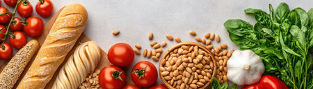 Discover a vibrant meal prepping scene, perfect for inspiring healthy eating Fresh, organic ingredients like tomatoes, spinach, beans, garlic, and artisan bread are beautifully displayed, emphasizing a clean and balanced diet Ideal for nutrition guides, healthy recipe blogs, or meal planning illustrations, it promotes a jumpstart to fresh, nutritious meals AI Generativeの素材