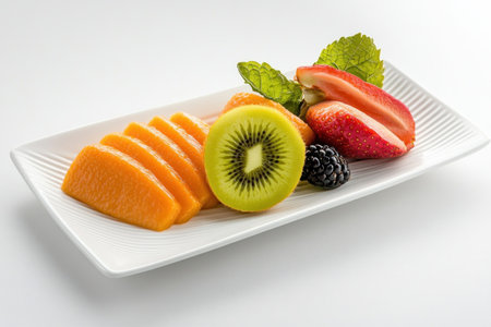 Escape to a tropical paradise with this vibrant plate of freshly cut fruits Juicy mangoes, kiwis, and strawberries burst with flavor, arranged beautifully for a feast for the eyes and palate Enjoy a healthy and refreshing snack, breakfast, or dessert, savoring nature's sweetness and vibrant colors in every bite AI Generativeの素材