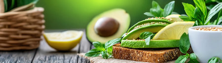 Experience gourmet delight with this healthy avocado toast Vibrant avocado slices adorn rye bread, brightened with lemon and a hint of chili flakes Fragrant basil and sesame seeds complete this visually stunning and nutrient-rich snack A symphony of fresh flavors in every bite, perfect for a wholesome and satisfying light AI Generativeの素材