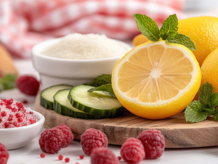 Showcase your commitment to wellness with our detox image Vibrant lemon, mint, and cucumber are elegantly arranged on a rustic board, embodying freshness and healthy living Perfect for promoting detox programs, wellness blogs, or healthy recipes Inspire your audience with natural beauty and revitalizing potential, naturally boosting vitality AI Generativeの素材