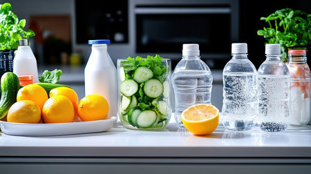Transform your kitchen into a wellness sanctuary Discover minimalist design ideas and easy detox water recipes featuring lemon, cucumber, and mint Learn hydration strategies, explore healthy recipes, and create an ideal kitchen emphasizing healthy living and modern aesthetics Elevate your diet and wellbeing with natural ingredients and refreshing inspiration AI Generativeの素材