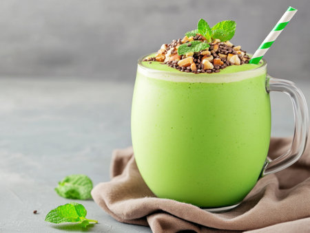 Experience a revitalizing plant-based matcha smoothie! Creamy oat milk, energy-boosting chia seeds, and earthy matcha blend in a delicious, eco-friendly cup Perfect for a nutritious breakfast or post-workout refuel Savor the guilt-free goodness of this sustainable and beautifully served green drink, nourishing your body and supporting a conscious lifestyle AI Generativeの素材