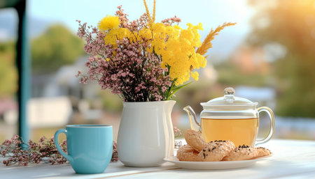 Start your day with tranquility Imagine a refreshing morning breeze, a cup of warm herbal tea, and a vibrant bouquet This image embodies self-care, inspiring calmness and promoting wellness through a peaceful morning ritual Embrace the serenity and create your sanctuary, one delightful cup at a time Enjoy life now AI Generativeの素材