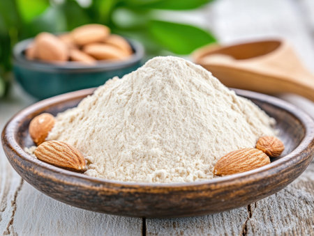 Rustic kitchen meets healthy baking with this almond flour scene Finely ground and presented beautifully, it promises wholesome, gluten-free goodness A wooden spoon hints at simple, natural cooking Perfect for paleo and keto diets, this versatile flour adds a nutty flavor to cakes, cookies, bread, and pancakes Unleash your inner AI Generativeの素材