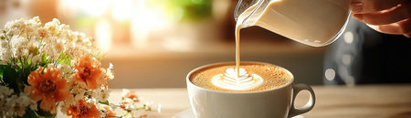 Witness a barista's artistry: oat milk gracefully swirls into rich espresso, creating captivating latte art This dairy-free masterpiece captures modern coffee culture's essence, offering a visual treat alongside a delicious and sustainable alternative Indulge in the creamy texture and flavorful depth of this plant-based latte, a true work of art AI Generativeの素材