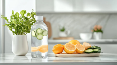 Transform your kitchen into a minimalist detox haven! This high-resolution image showcases a sleek, modern kitchen featuring a refreshing detox water station Lemon, cucumber, and mint-infused water bottles offer the perfect healthy hydration Embrace clean eating and discover the ultimate detox water recipe Download now for inspiration and elevate your AI Generativeの素材