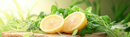 This vibrant image showcases the refreshing combination of peppery watercress and zesty lemon wedges Ideal for healthy recipes and wellness articles, it highlights the nutritional benefits of this dynamic duo Perfect for promoting a balanced diet and healthy lifestyle, this delicious visual elevates your content with fresh, wholesome appeal AI Generativeの素材