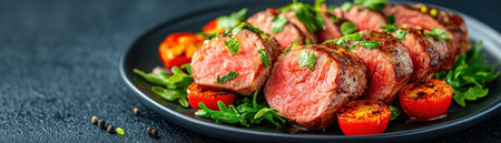 Savor culinary art with this balanced plate Tender steak meets vibrant cherry tomatoes and fresh arugula in a gourmet arrangement designed to delight It's a flavorful composition of proteins, carbs, and greens, perfect for a healthy and inspiring dinner or lunch A true culinary masterpiece that nourishes both body and AI Generativeの素材