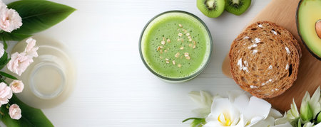 Kickstart your wellness journey with a vibrant aerial shot of a farm-to-table organic breakfast Toasted bread, creamy avocado, and refreshing green juice embody nutritious eating and sustainable living This stunning image is perfect for wellness blogs and food photography, inspiring healthy meals with its colorful arrangement and delicious flavors Elevate AI Generativeの素材