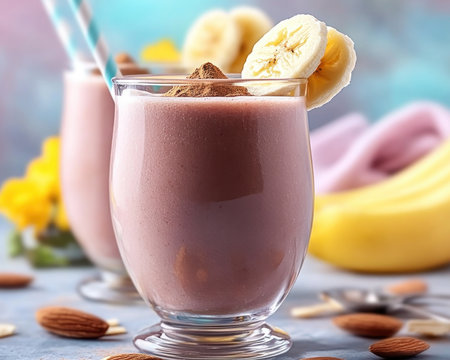 Power up with this High-Protein Superfood Smoothie! Blending almond butter, banana, and plant-based protein, it's a quick, delicious, and nutritious boost for breakfast, post-workout recovery, or a healthy snack Packed with essential nutrients and healthy fats, this creamy, naturally sweet treat fuels energy and supports muscle growth A simple, delightful AI Generativeの素材