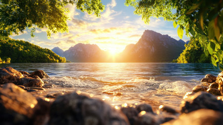 Escape to serenity with this lakeside image, ideal for mental health and meditation promotions Soft waves, warm sunlight, and a peaceful atmosphere invite tranquility and stress reduction Enhance well-being and promote mental clarity with this mindful scene, perfect for guiding viewers to a calmer state of mind A visual gateway AI Generativeの素材