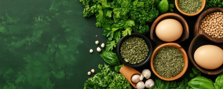 Immerse yourself in vibrant, healthy eating! This flat lay showcases fresh herbs, aromatic spices, and wholesome eggs, embodying clean cooking Explore culinary artistry and elevate your recipes with natural flavors Discover the power of simple, delightful dishes, where herbs and spices transform ordinary meals into extraordinary culinary adventures, capturing the AI Generativeの素材