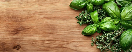 Capture the essence of fresh, organic cooking with this image featuring basil, rosemary, and thyme arranged on a wooden board Representing natural ingredients, it's ideal for food blogs or illustrating healthy recipes Explore the vibrant flavors and health benefits these garden-fresh herbs provide, perfect for embracing the Mediterranean essence Enhance AI Generativeの素材