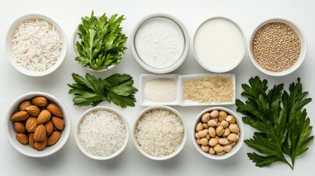 Discover diverse plant-based milks through a vibrant flat lay showcasing rice, hazelnut, oat, and cashew varieties Explore healthy, sustainable, and delicious dairy-free alternatives perfect for vegan diets Find inspiration for lactose-free recipes and innovative plant-powered nutrition, embracing diverse flavors and textures Fuel your lifestyle with eco-friendly choices and nutritious beverages AI Generativeの素材