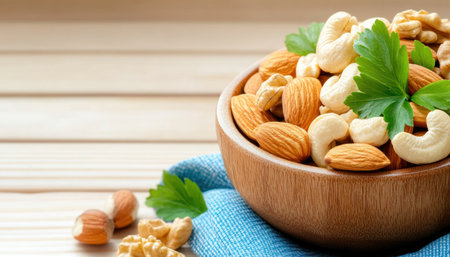 This vibrant image showcases a rustic wooden bowl brimming with wholesome almonds, walnuts, and cashews Perfect for promoting healthy snacking, recipes, and wellness, it embodies natural goodness and nutritional benefits Capture the essence of a balanced diet and healthy lifestyles with this visually appealing photo of mixed nuts AI Generativeの素材