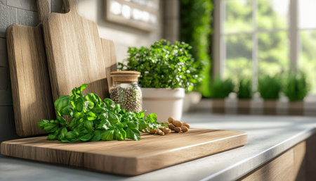 Transform your kitchen into a wellness haven This image highlights a bright, airy space filled with natural light, wholesome ingredients, and organized essentials like wooden cutting boards and verdant herbs It promotes mindful eating habits and inspires culinary creativity Embrace a lifestyle that prioritizes nourishment and overall well-being by elevating AI Generativeの素材