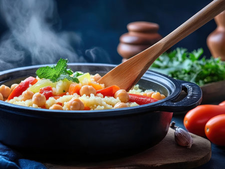Embark on a Mediterranean flavor adventure with this steaming pot of couscous! Packed with vibrant vegetables like carrots, zucchini, and tomatoes, protein-rich chickpeas, and a fiery harissa kick, this dish is a symphony of textures and tastes This healthy and delicious meal is perfect for vegans and vegetarians, offering a AI Generativeの素材