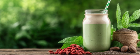 Escape to nature and revitalize with our Superfood smoothie! Packed with spirulina, goji berries, and flaxseeds, this delicious detox blend cleanses and nourishes your body Experience refreshing flavors while naturally supporting your detoxification process Embrace wellness and vitality, one sip at a time AI Generativeの素材